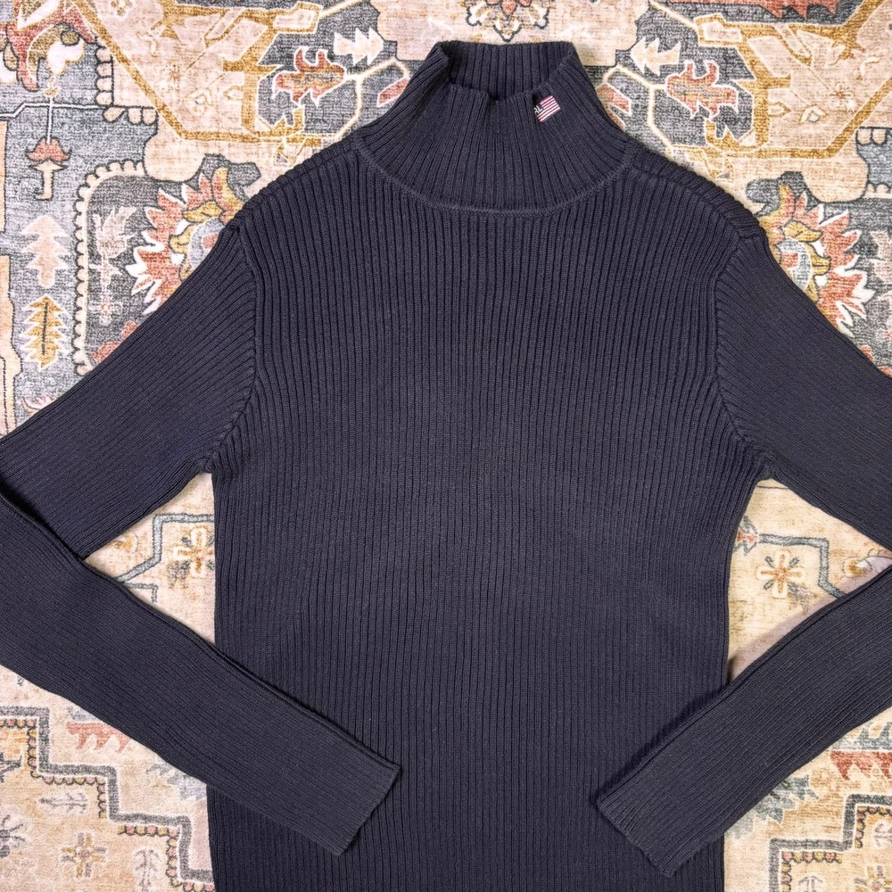 Vintage Polo Jeans Co Ralph Lauren Black Ribbed Mock Neck Sweater Flag Logo y2k - Picture 2 of 12